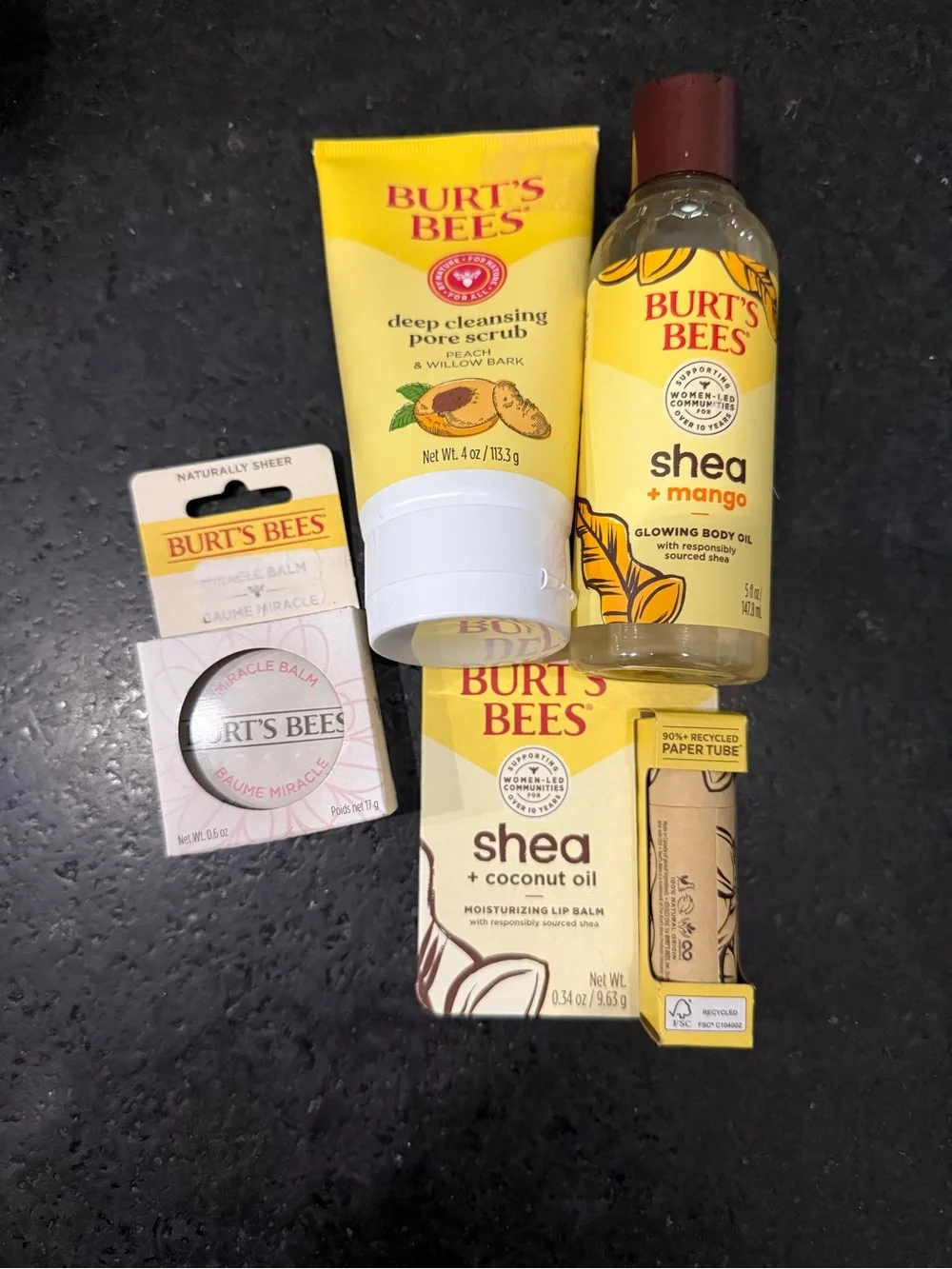 NEW Burt's Bees Shea Body Oil, Peach Pore Scrub, Lip Balm & Miracle Balm SEALED